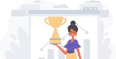 The daughter holds the achiever 's cup in his handwrite . achiever concept. Trendy style, Vector Illustration