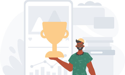 The Earth holds the achiever 's cup in his domesticate squeeze . achiever concept. Trendy style, Vector Illustration