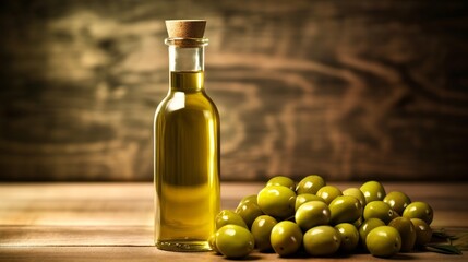 Bottle of olive oil and olives on wooden table, Generative AI