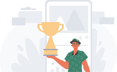 The Earth holds the achiever 's cup in his domesticate embrace . achiever concept. Trendy style, Vector Illustration