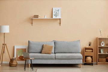 Minimal living room interior with comfortable couch and simple wooden furniture against light wall,...
