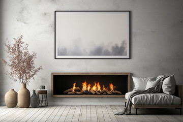 Mock up poster in modern home interior with fireplace, Scandinavian style, generative AI	
