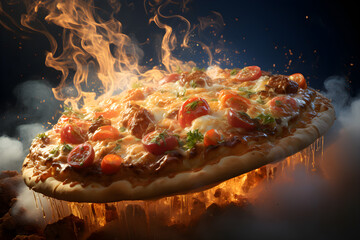 a whimsical pizza with cheese, tomatoes and chili sauce floating and burning as if volcano erupting. Fire food levitation. Generative AI technology