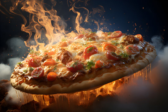 a whimsical pizza with cheese, tomatoes and chili sauce floating and burning as if volcano erupting. Fire food levitation. Generative AI technology
