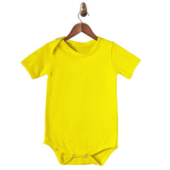  Show off your design ideas like a pro by using this Baby Bodysuit Mockup In Golden Kiwi Color On Hanger.