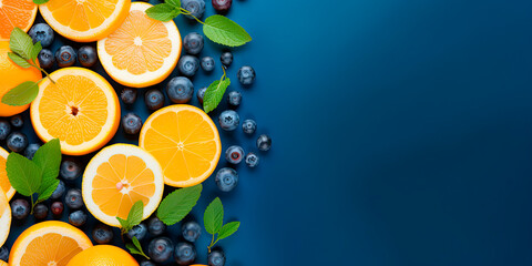 Summer background with lemon fruits, orange, blueberries and mint leaves.