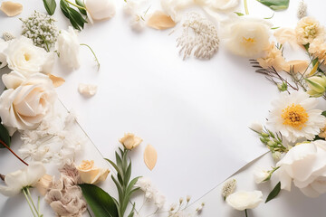 Fototapeta na wymiar Flowers surrounding white empty piece of paper. 