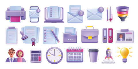 3D business icon set, work office vector stationery kit, management calendar, laptop screen document. Reception workplace object collection, colleague avatar, person ID, smartphone. Business icon