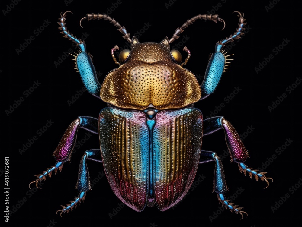 Poster a colorful beetle on a black background. generative ai image.