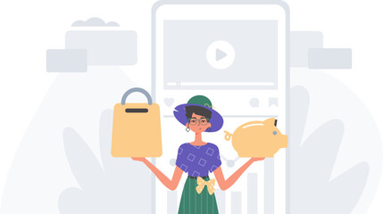 The daughter holds a piglet economy faith and a stigmatize basket in his handwrite . digital betray concept. Trendy style, Vector Illustration