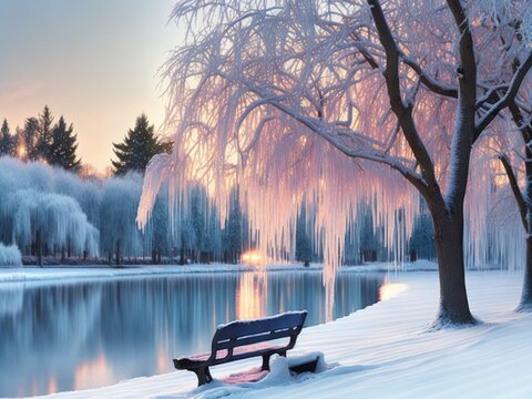 Bench in the snow, covered winter park with a lake, created with generative ai, ki