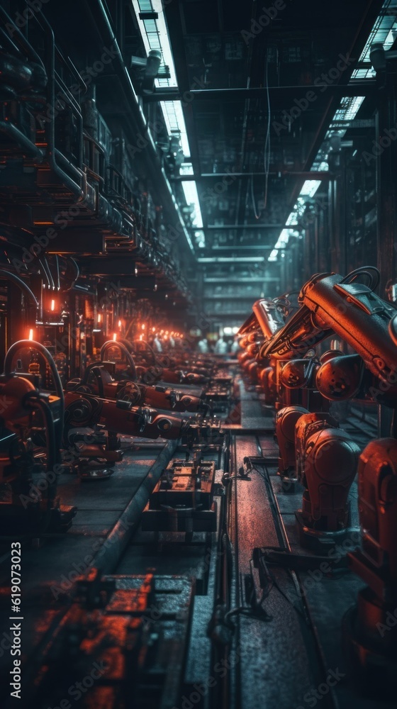 Poster a factory filled with lots of machines next to each other. generative ai image.