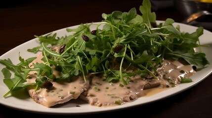 Obraz na płótnie Canvas Vitello tonnato: Thinly sliced veal topped with a creamy tuna sauce and capers, served with arugula salad, generative AI