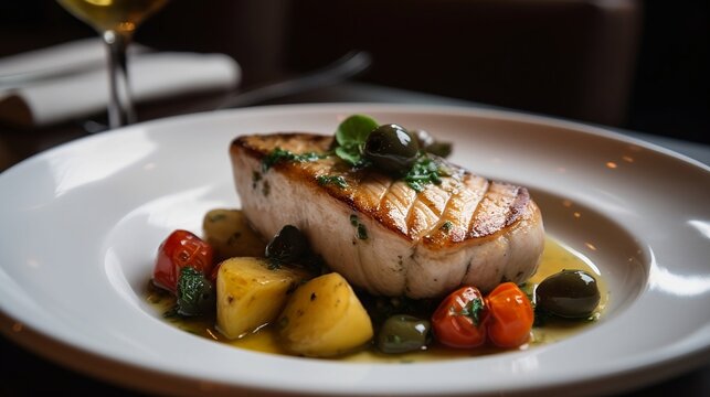 Pesce spada alla siciliana: Grilled swordfish served with capers, olives, cherry tomatoes, and roasted potatoes, generative AI