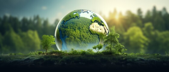 Fototapeta Earth Day eco concept with tropical forest background, natural forestation preservation scene with canopy tree in the wild, concept on sustainability and environmental renewable - Generative AI obraz