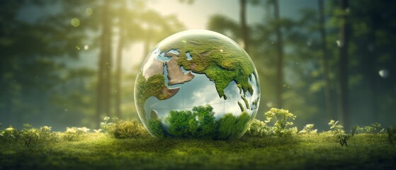 Earth Day eco concept with tropical forest background, natural forestation preservation scene with canopy tree in the wild, concept on sustainability and environmental renewable - Generative AI