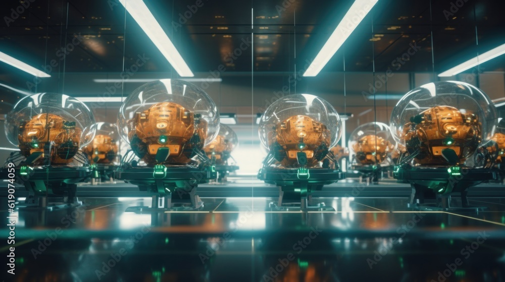 Poster a group of orange robots sitting in a room. generative ai image.