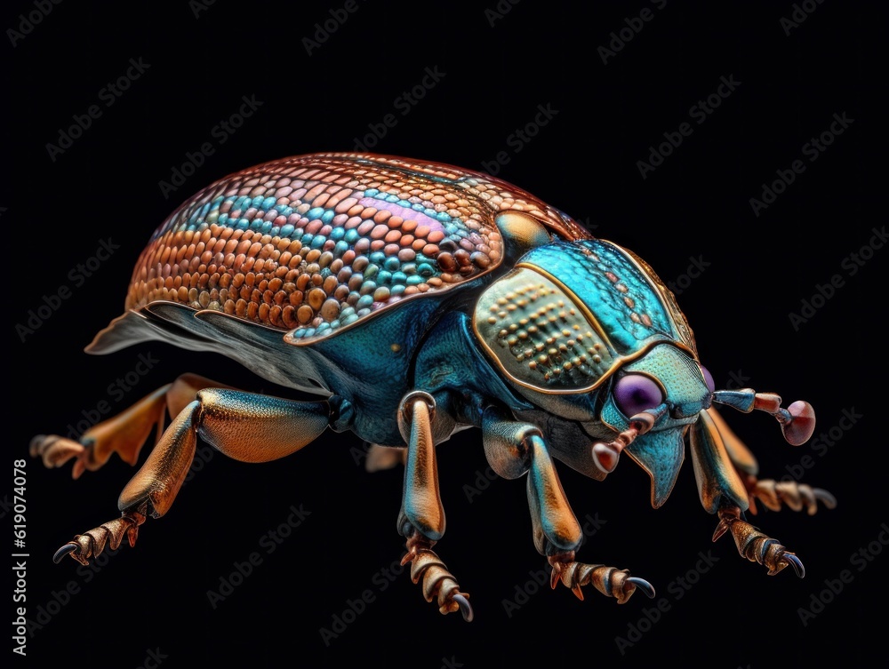 Poster a colorful insect with a black background. generative ai image.