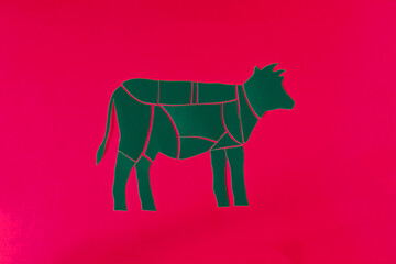 Scheme of cutting beef carcass from cardboard on a red background