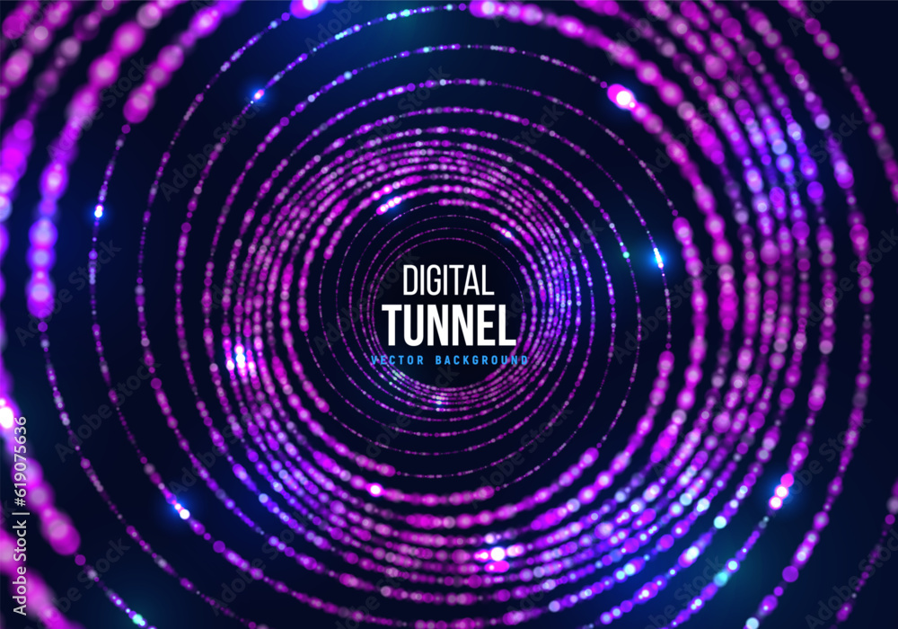 Poster portal with light effects. neon particles tunnel. abstract technology background. vector illustratio