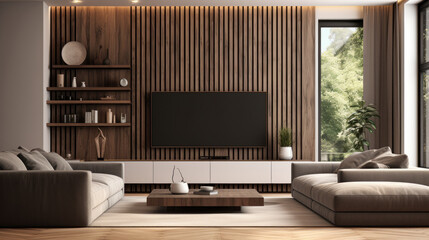 Luxurious living room with beige walls, a contemporary flat-screen television mounted on a wall made of brown wood panels, a gray leather sofa, and a midcentury-style bookcase illuminated by the sun 