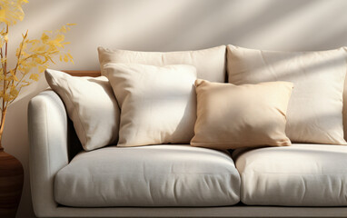 Background for a modern luxury beauty, cosmetic, organic, and fashion goods display: a minimal podium table made of natural log wood in lovely sunlight with a leaf shadow on a blank cream-colored wall