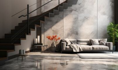 A modern gray marble stone stair with a tempered glass panel and black steel handrail in a beige living room with a sofa in sunlight from a window on granite floor. 3D interior background. - obrazy, fototapety, plakaty