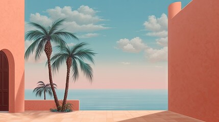 Vibrant palm tree next to a charming pink building, palmeras simple illustration created with Generative Ai Technology