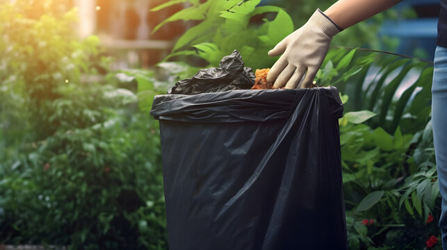 hand holding a garbage bag over a trash can, throwing garbage into a trash can. Close-up of a hand holding a garbage bag over a dustbin Generative AI