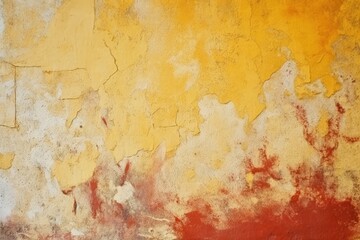 Plaster wall with grunge background in red and yellow colors. Weathered wall with peeling paint in shades of yellow and red, created with Generative Ai Technology