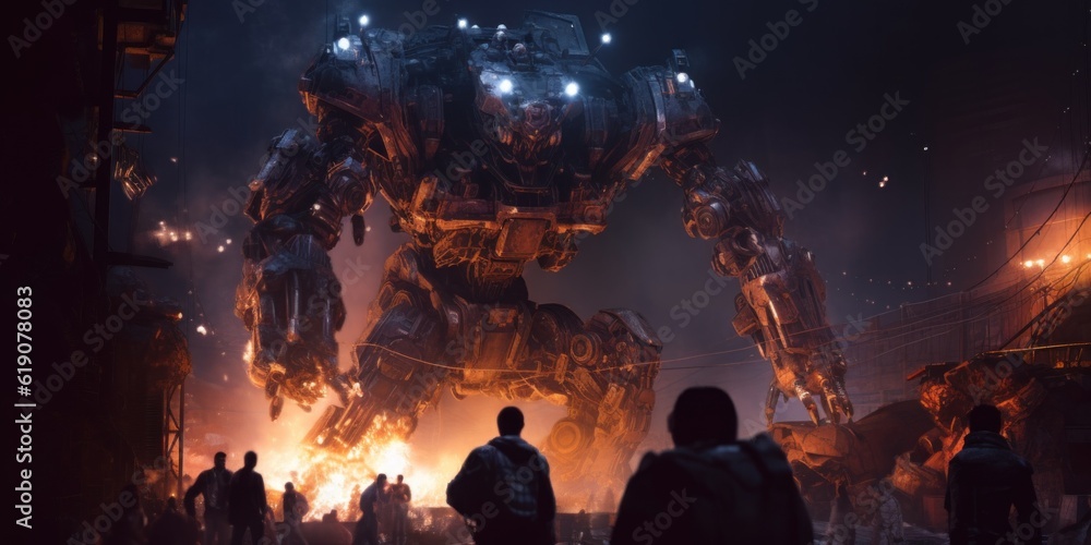 Aufkleber a group of people standing in front of a giant robot. generative ai image.