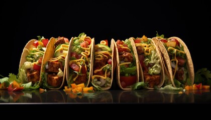tacos, many poses, on the dark background