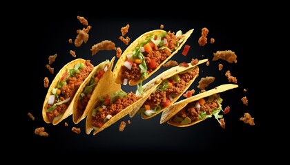flying tacos for food commercial, blank background