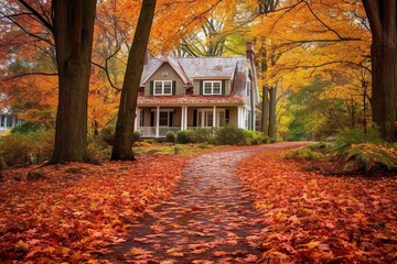 house in the beautiful autumn forest, generative ai