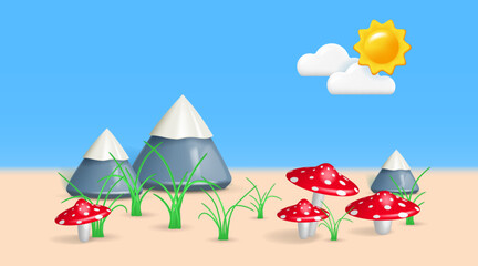 Cartoon landscape with 3D objects. Snow covered mountains and red poison mushrooms on the lawn