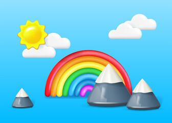 Cartoon landscape with 3D objects. Snow covered mountains, sun, clouds and rainbow