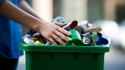 hands holding a recycling bin filled with various recyclable items. Generative AI - obrazy, fototapety, plakaty