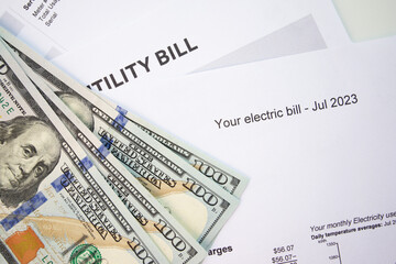 Utility bills with dollars money, increasing energy rates, Electricity and gas charges, Business...