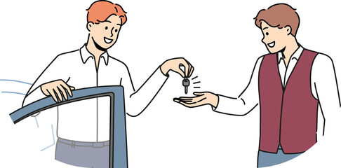 Smiling businessman give car key to parking staff