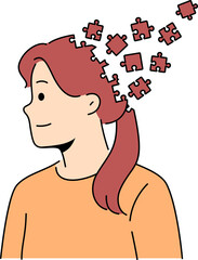 Woman with puzzle head as metaphor for chaos in head and lack of planning to solve tasks