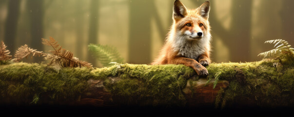 An adult fox on an old tree in a dense forest.generative ai