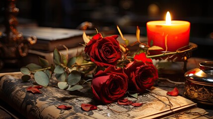 A candle and a rose on a table
