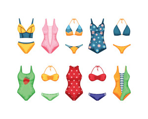 A set of swimsuits. A separate swimsuit and a one-piece swimsuit in green, red and yellow colors. Collection of colored swimsuits. Clothes for a beach holiday. Women s clothing. Vector illustration.