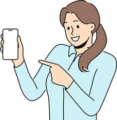 Smiling woman point at cellphone mockup screen