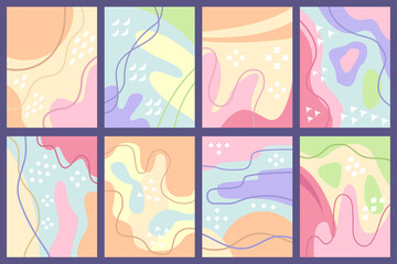 Modern doodle patterns with organic shapes, fluids, and lines. Abstract flat vector backgrounds for your designs. Copy space, empty for text and images.