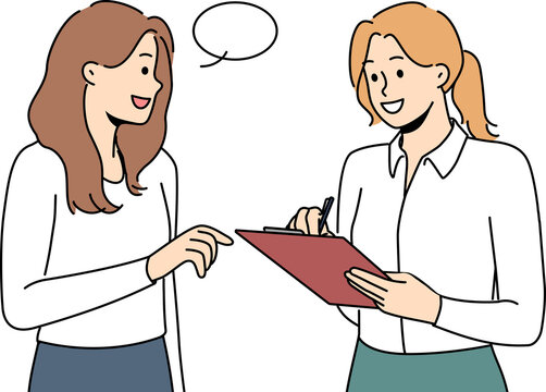 Smiling female interviewer talk with passerby