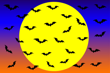 A swarm of bats illuminated by the full moon.
Halloween concept.
