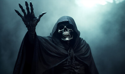 creepy evil skeleton night horror halloween hood death fear ghost. Generative AI.