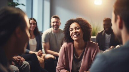 Professional therapists conduct an open group session and a comforting smile, emphasizing the importance of mental health and counseling. Generative ai