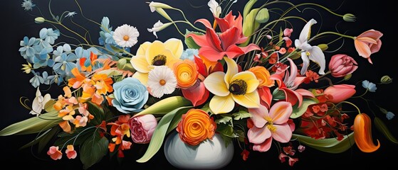 An oil painting background showcasing a top view perspective of an elegant floral arrangement in a vase, featuring a mix of vibrant blooms like orchids, calla lilies. Generative AI. 